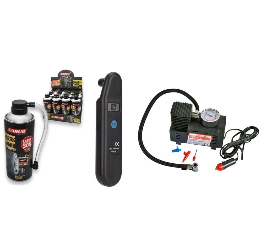 3’lü Lastik Yol Yardım Seti – Basınç Ölçer + Kompresör + Tamir Kiti