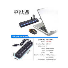7 Port Usb Hub Çoklayıcı Çoğaltıcı OnOff Düğmeli Işıklı Adaptörlü