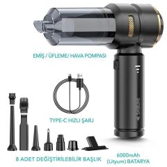 Shibumi Tornada 100 Watt 6000mah 16000pa Çeki̇ş Gücü 8 Adet Başlikli Type-c Şarjli Güçlü Üfleme Araç İçi̇ Süpürge