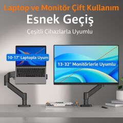 13-32” Amortisörlü Tek Kol Monitör ve Laptop Tutucu Masa Standı