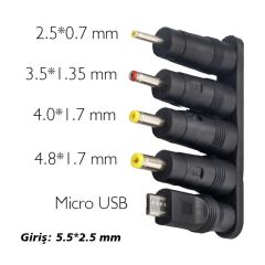 Çoklu Yedek Adaptör Uç Çevirici (2.5x0.7mm - 4.8x1.7mm - 3.0x1.1mm - 4.0x1.7mm - Micro USB)