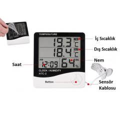 Problu Dijital Termometre Saat Isı Sıcaklık Nem Ölçer - HTC-2