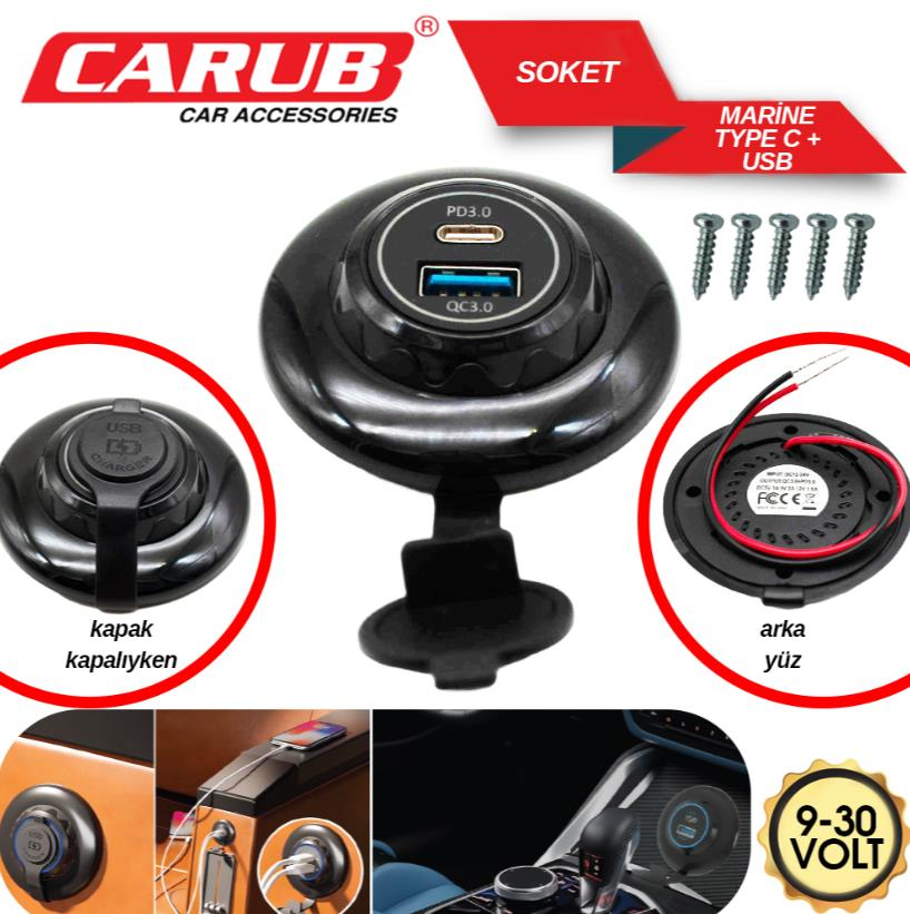 CARUB 9-30V Marine USB Soket 1 Type-C + 1 USB QC3.0 Hızlı Şarj