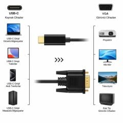 6093 Type C to Vga Çevirici Dönüştürücü Adaptör Kablosu 1.8 Metre Usb C 1080P 60Hz Full HD