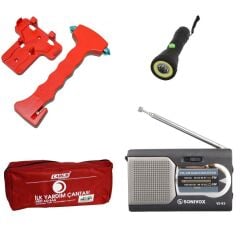 Acil Durum 4’lü Araç Seti: İlk Yardım Çantası + İmdat Çekici + El Feneri + Pilli Analog Radyo