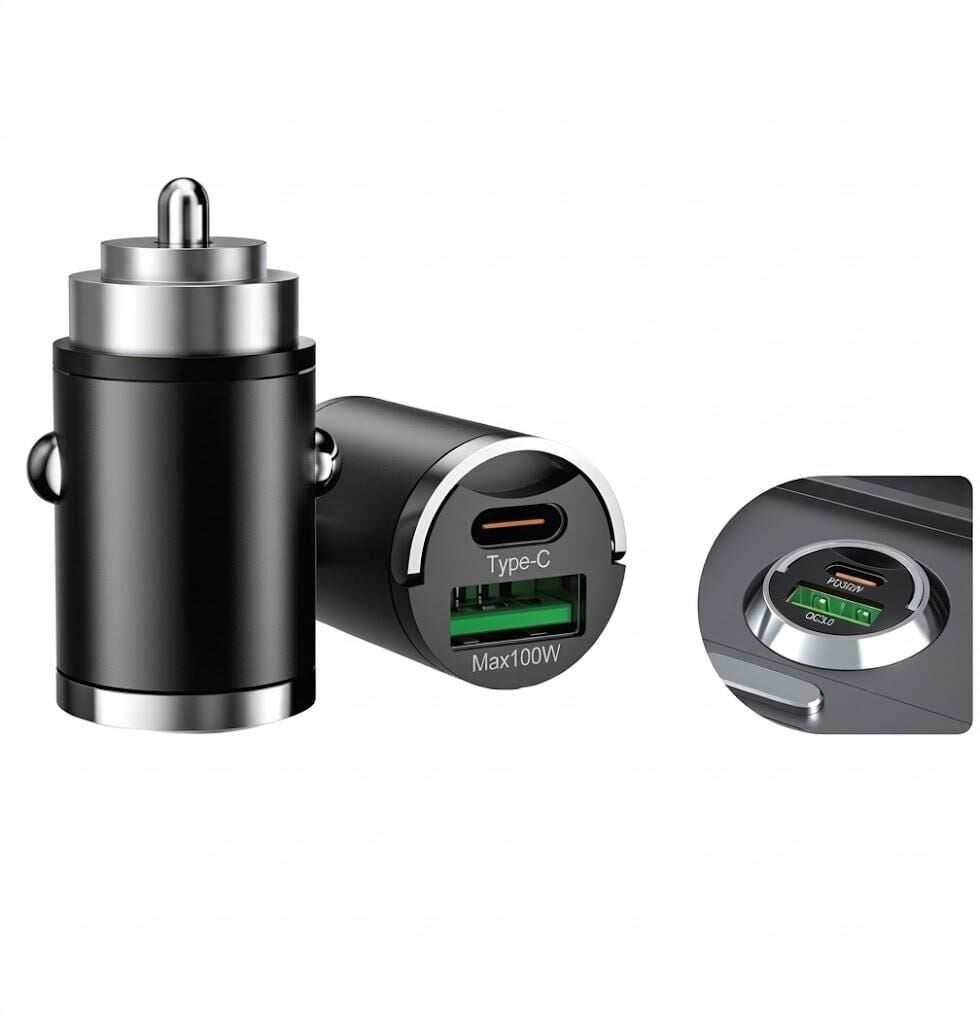 Carub 100W Mini Araç Çakmaklık Şarj Cihazı USB + Type-C PD Hızlı Şarj iOS Android Uyumlu