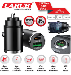 Carub 100W Mini Araç Çakmaklık Şarj Cihazı USB + Type-C PD Hızlı Şarj iOS Android Uyumlu