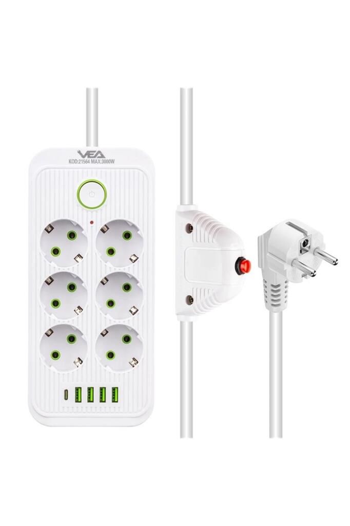 VEA Altılı 4 Usb + Type-C Beyaz Akım Korumalı Priz 21564